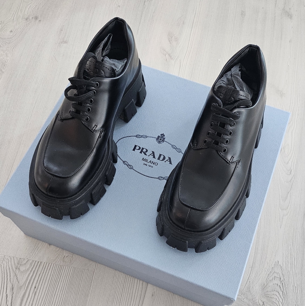 Prada Monolith Brushed Calf Leather Lace-up Shoes 36.5
